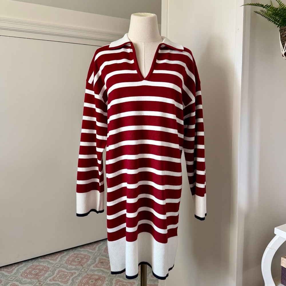 Striped Longsleeve V Neck Sweater Dress {Burgundy + Cream, Navy Contrast} NWT
